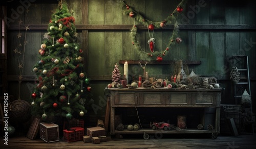 Christmas themed background, tree, gifts, christmas concept, digital illustration. Generative AI