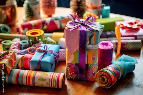 A table filled with colorful wrapping paper, ribbons, and gift tags, highlighting the art of beautifully wrapping presents and creating anticipation for Christmas morning. Generative Ai