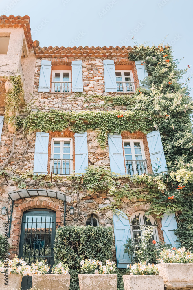 House in Saint Paul de Vence | France Cote d'Azur Travel Photography | Bright Pastel Colored Art Print, Turquoise Windows, Pastel Tones