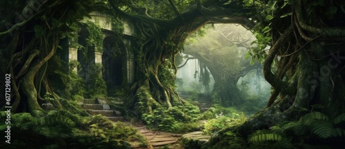 Enchanted forest, fantasy concept, digital illustration. Generative AI