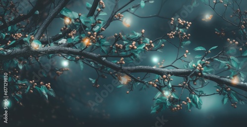 Tree branches with lights, christmas concept, fundo bokeh, digital illustration. Generative AI