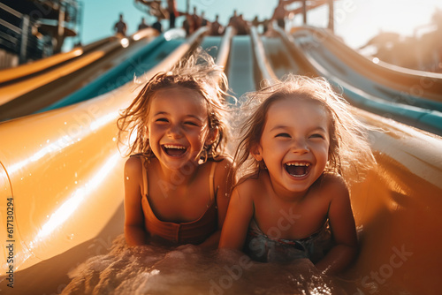 Happy kids splashing into a waterslide at aqua park for summer vacation. Generative ai illustration of summer fun vacation photo