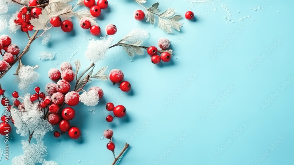 Red winter berries on a blue background, generative AI. Red winter berries on a blue background, generative AI.