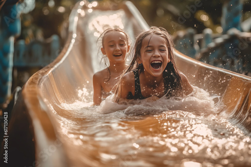 Fotobehang Happy kids splashing into a waterslide at aqua park for summer vacation