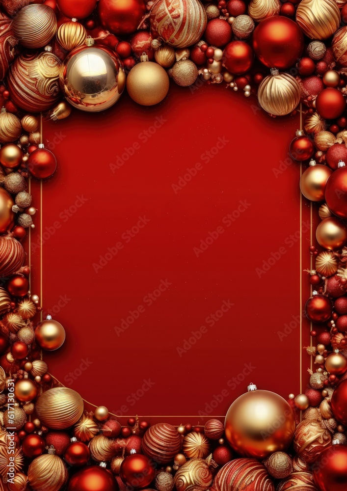 Red background with Christmas balls, space for writing, Christmas decoration. Generative AI Red background with Christmas balls, space for writing, Christmas decoration. Generative AI