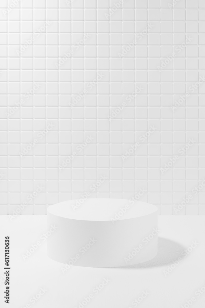 Bright white abstract stage mockup with one cylinder podium in hard ...