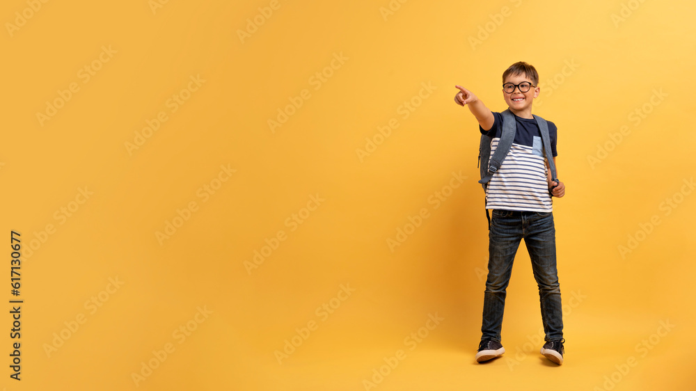 Cheerful boy schooler pointing at copy space, banner Cheerful boy schooler pointing at copy space, banner