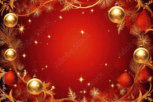 Red background with Christmas balls  space for writing  Christmas decoration. Generative AI