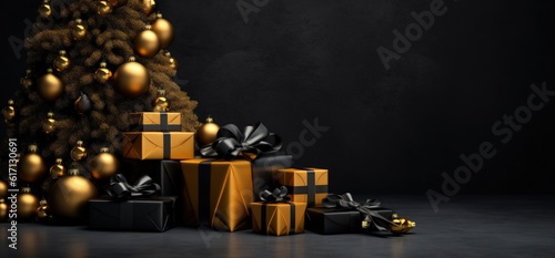 Christmas tree and gift boxes with golden details, black wall in the background, digital illustration. Generative AI