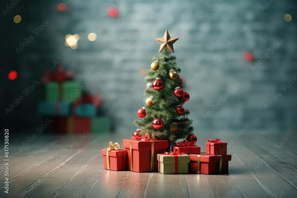 Christmas tree and gifts, bokeh background, Christmas decoration, digital illustration. Generative AI