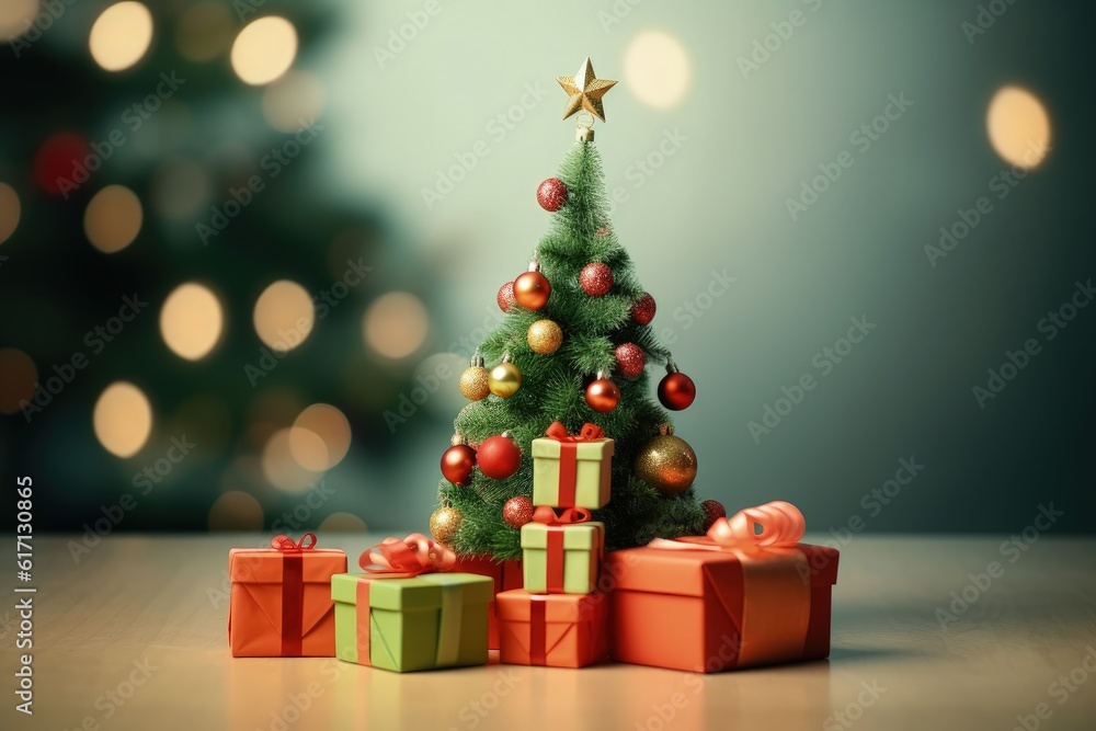 Christmas tree and gifts, bokeh background, Christmas decoration, digital illustration. Generative AI