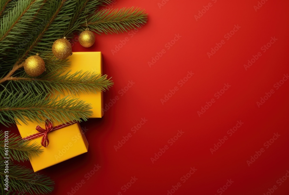 Gift box with pine branches on red background, christmas decoration. Generative AI