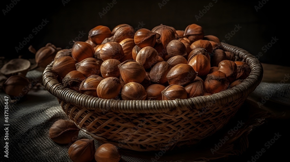 A basket of areca-nuts, food photography. Created with Generative AI Technology A basket of areca-nuts, food photography. Created with Generative AI Technology