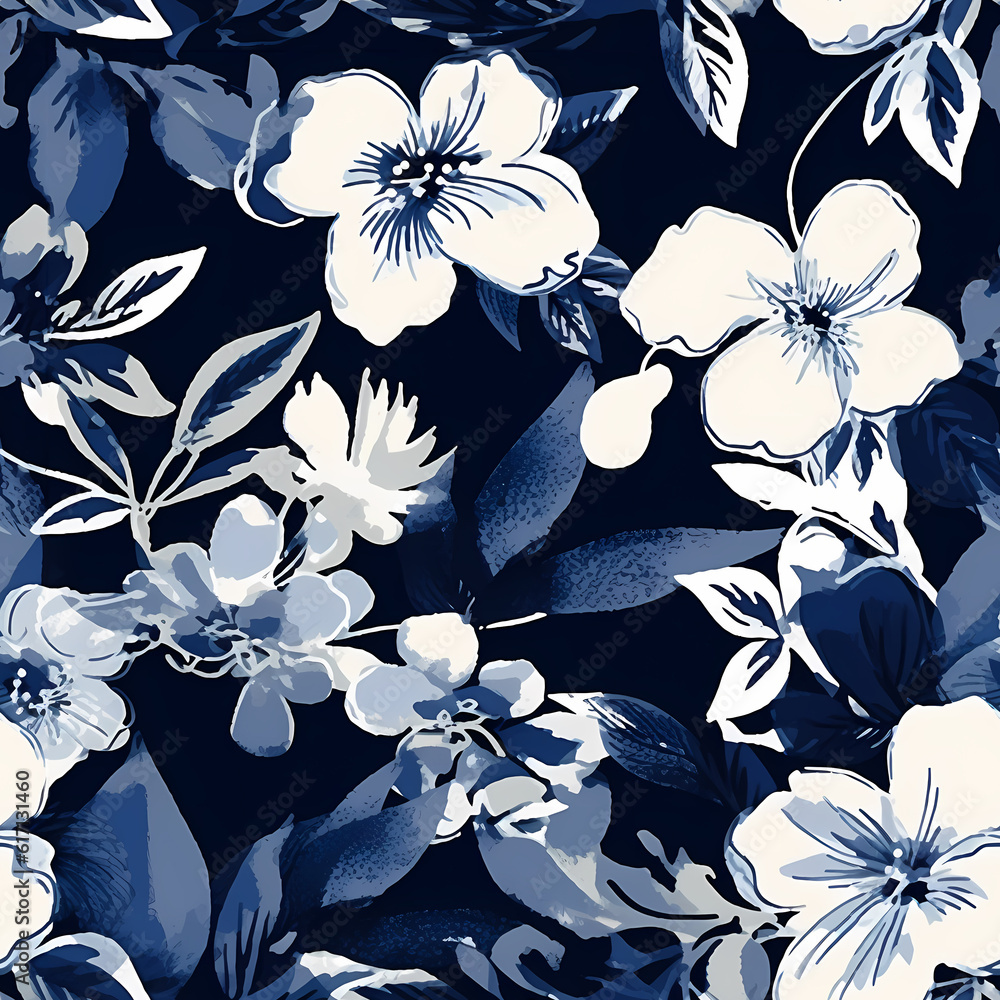 Hawaii floral, in the style of delicate ink washes, dark blue, irregular organic forms. Hibiscus flower.