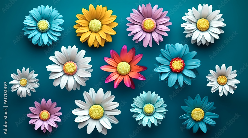 Daisies of different colors on a blue background, generative AI.