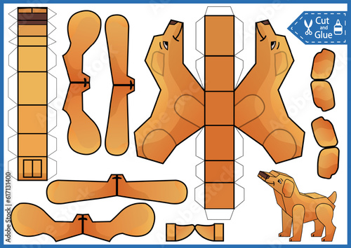 Kids education game craft template. Cut and glue a paper 3d dog. DIY papercraft cutout puzzle toys. Activity worksheet for children. Create to animal birthday decor. 