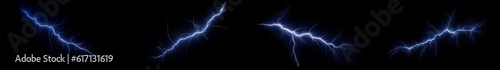 Set of 4 powerful blue lightning electrical strike or bolt on a black background