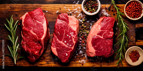 Fototapeta Naklejka Na Ścianę i Meble -  Uncooked raw steaks with spices on the table. Flat lay, top view. Generative Ai