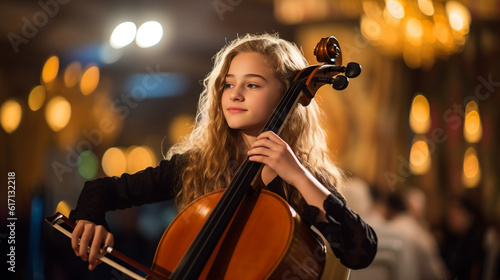Captured in a candid moment, a beautiful girl passionately playing the cello, her expression reflecting the profound connection she has with the instrument and the music it produce Generative AI