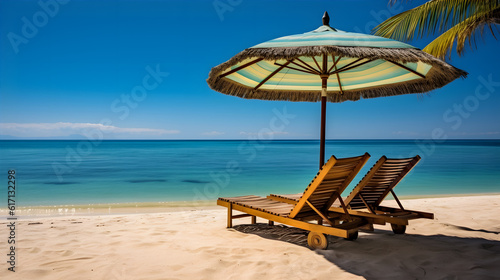 lounge chairs on the beach. sunbath by a tropical sun under the palm trees and umbrellas