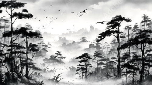 Black and white illustration with trees in the mountains, generative AI.