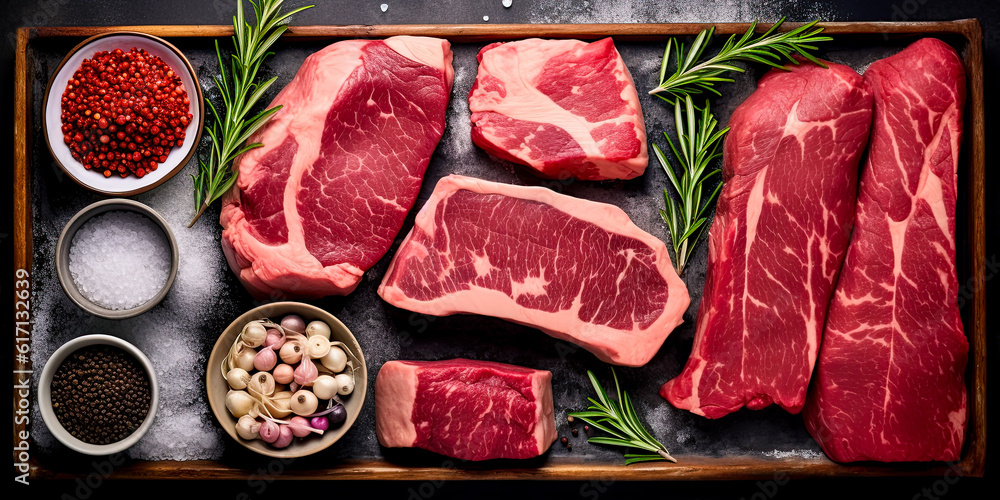 Uncooked raw steaks with spices on the table. Flat lay, top view. Generative Ai Uncooked raw steaks with spices on the table. Flat lay, top view. Generative Ai