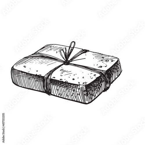 A bar of handmade soap wrapped jute rope. The illustration is hand drawn in black ink, graphic. EPS vector. Isolated object on a white background