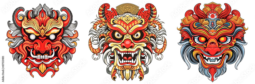 Mask design in traditional balinese motifs, indian mask, colorful cartoon, dynamic and exaggerated facial expressions on white background. Generative ai. Mask design in traditional balinese motifs, indian mask, colorful cartoon, dynamic and exaggerated facial expressions on white background. Generative ai.