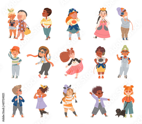 Cute Little Children Wearing Fashionable Stylish Clothes Big Vector Set