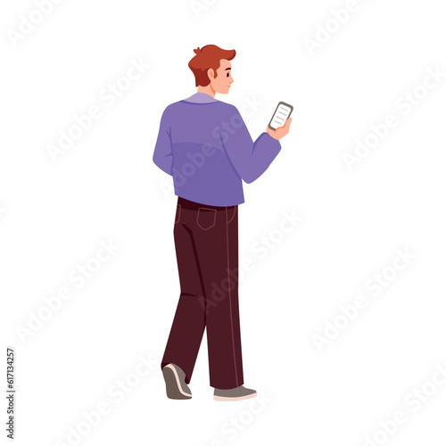 Standing Man with Smartphone Gadget Rear View Vector Illustration