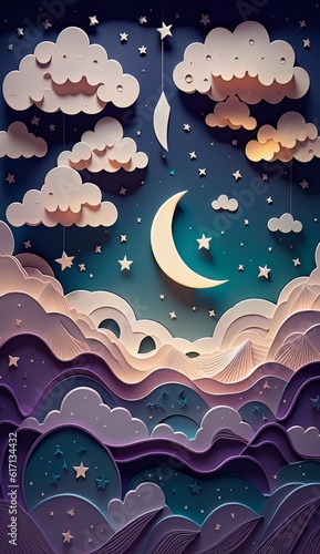 cardboard style. night sky with clouds and stars and moon. fairy tale background. generative ai.