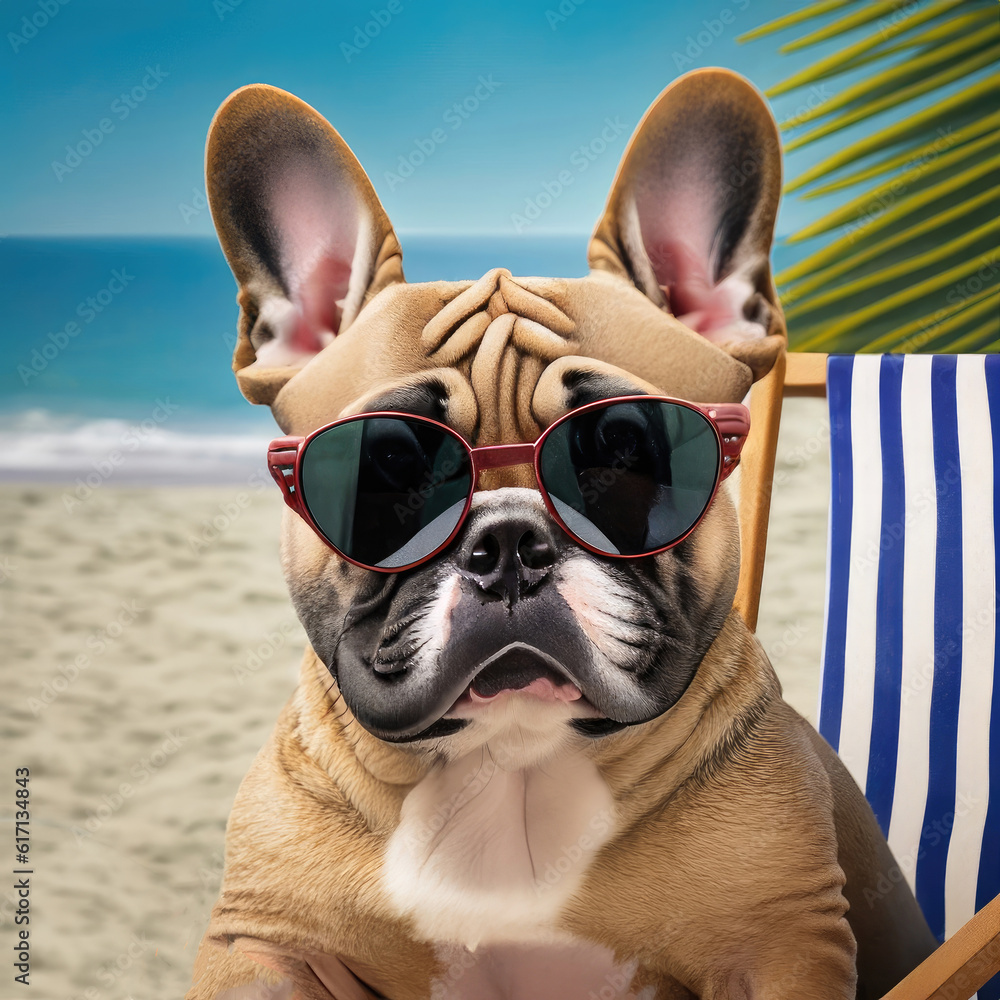 A cool and trendy French Bulldog wearing aviator sunglasses while lounging on a beach