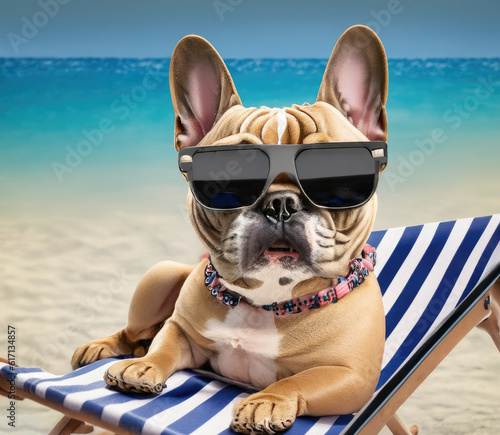 Print op canvas A cool and trendy French Bulldog wearing aviator sunglasses while lounging on a