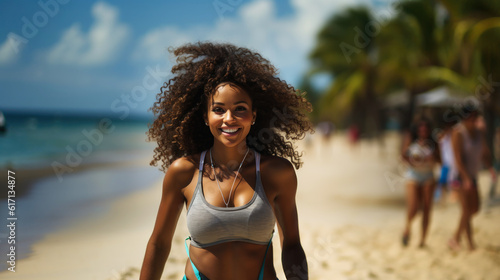 Beautiful african american woman in sportswear on the beach. Generative AI.