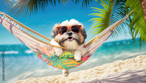 Relaxed Shih Tzu wearing sunglasses with a tropical print lying in a hammock © Max Zabelenkov