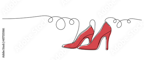 Continuous draw one line women shoes icon. Lady pumps shoes outline. Fashion shoe design. Elegant women's high heels with colored flat background. Vector illustration with single line drawing
