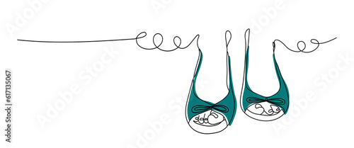 Continuous draw one line women shoes icon. Lady sandal shoes outline. Fashion shoe design. Elegant women's shoes with colored flat background. Vector illustration with single line drawing