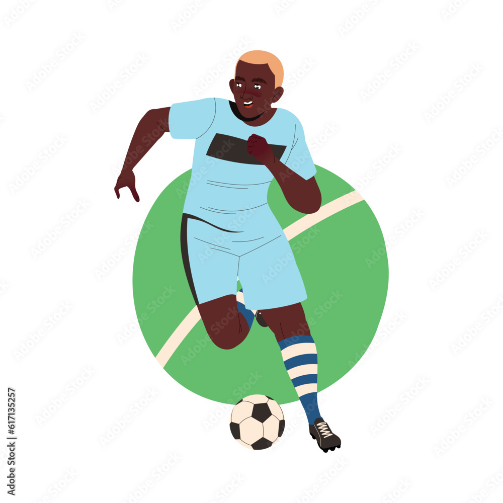 African American Man Football Player in Uniform Passing Ball Scoring Goal Vector Illustration