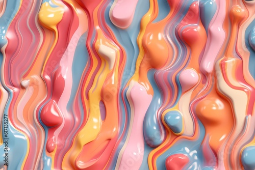 Seamless Pattern. Rainbow Liquid pastel wavy melted plastic texture. Wrinkle silicone sheet. Wrinkle background. Notches of rubber sheet. Art illustration. Generative Ai.