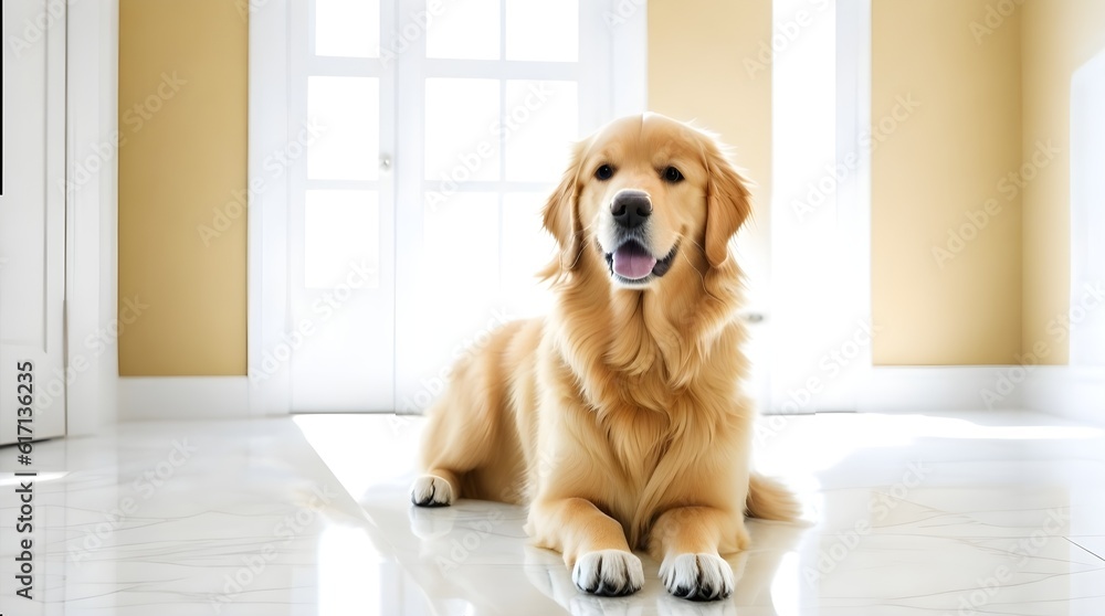  Indoor full body portrait of a Golden Retriever, highlighting its beauty and charm.