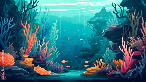 Underwater cartoon landscape, the bottom of the sea, generative AI. © puhimec