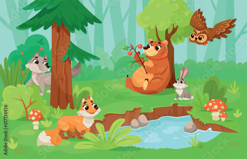 Cute Forest Animals in Wild Nature Among Green Tree and Bush Vector Illustration