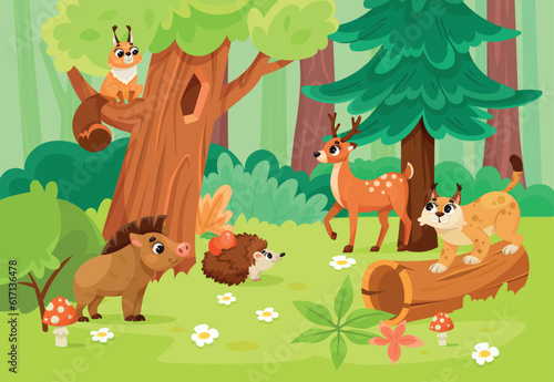Fototapeta Naklejka Na Ścianę i Meble -  Cute Forest Animals in Wild Nature Among Green Tree and Bush Vector Illustration