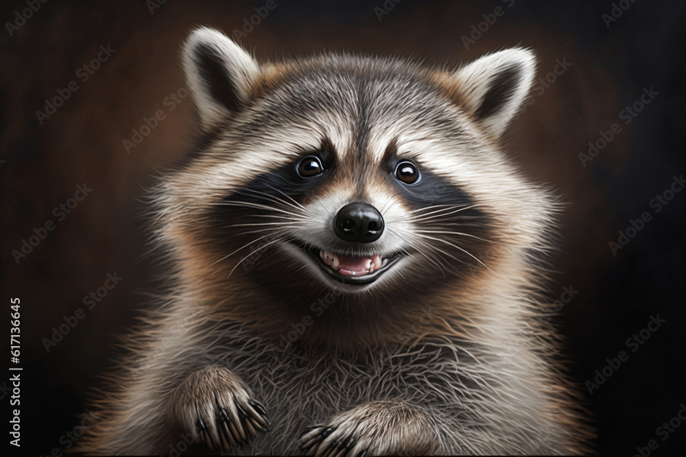 Portrait of realistic and adorable Raccoon with smile in forest. Closeup funny smiling animal face illustration. Humorous, entertaining animals, Heartwarming concept. Made with Generative AI