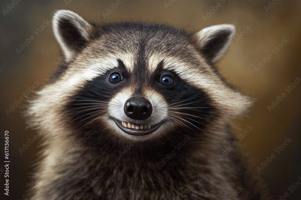 Portrait of realistic and adorable Raccoon with smile in forest. Closeup funny smiling animal face illustration. Humorous, entertaining animals, Heartwarming concept. Made with Generative AI