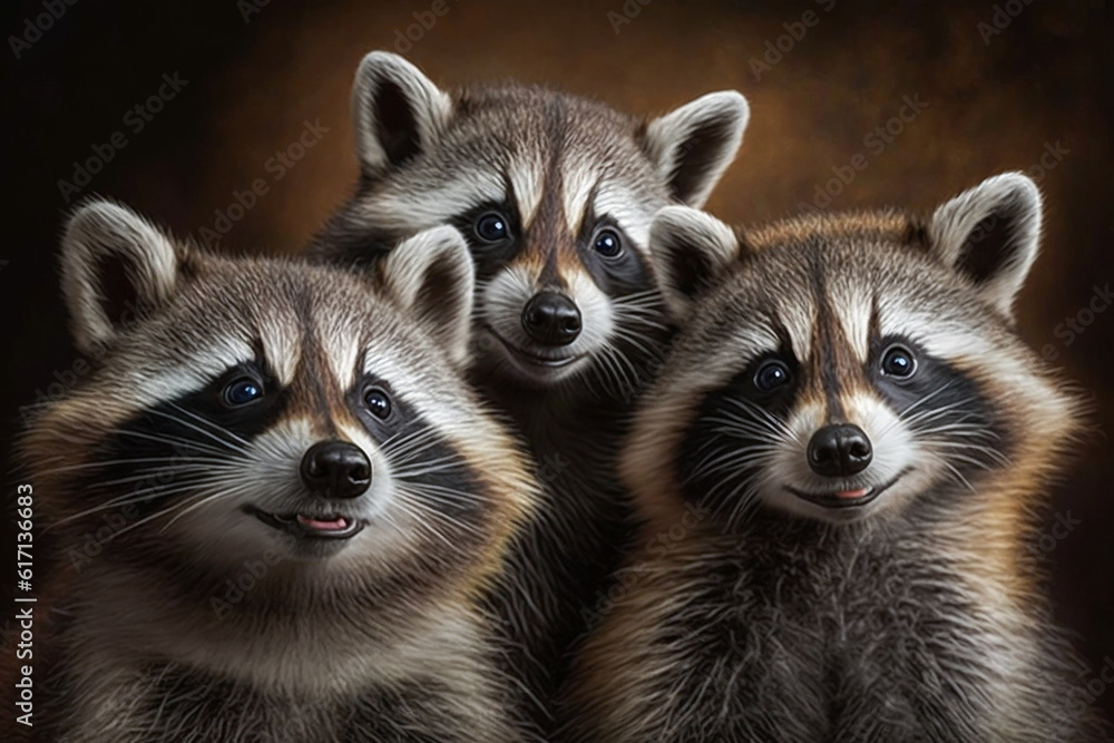 Portrait of realistic and adorable 3 raccoons with smile. Funny smiling animal face, raccoon trio illustration. Humorous, entertaining animals, Heartwarming animal family. Made with Generative AI Portrait of realistic and adorable 3 raccoons with smile. Funny smiling animal face, raccoon trio illustration. Humorous, entertaining animals, Heartwarming animal family. Made with Generative AI