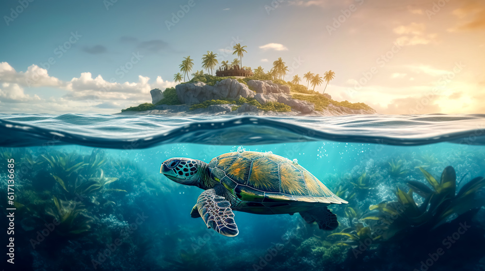 A sea turtle swimming in the ocean, in front of a tropical island, generative AI.