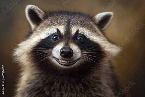 Portrait of realistic and adorable Raccoon with smile in forest. Closeup funny smiling animal face illustration. Humorous, entertaining animals, Heartwarming concept. Made with Generative AI © Koshiro
