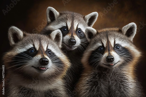 Portrait of realistic and adorable 3 raccoons with smile. Funny smiling animal face, raccoon trio illustration. Humorous, entertaining animals, Heartwarming animal family. Made with Generative AI