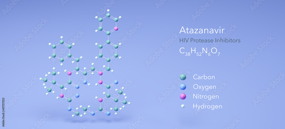 atazanavir molecule, molecular structures, hiv protease inhibitors, 3d model, Structural Chemical Formula and Atoms with Color Coding - obrazy, fototapety, plakaty 